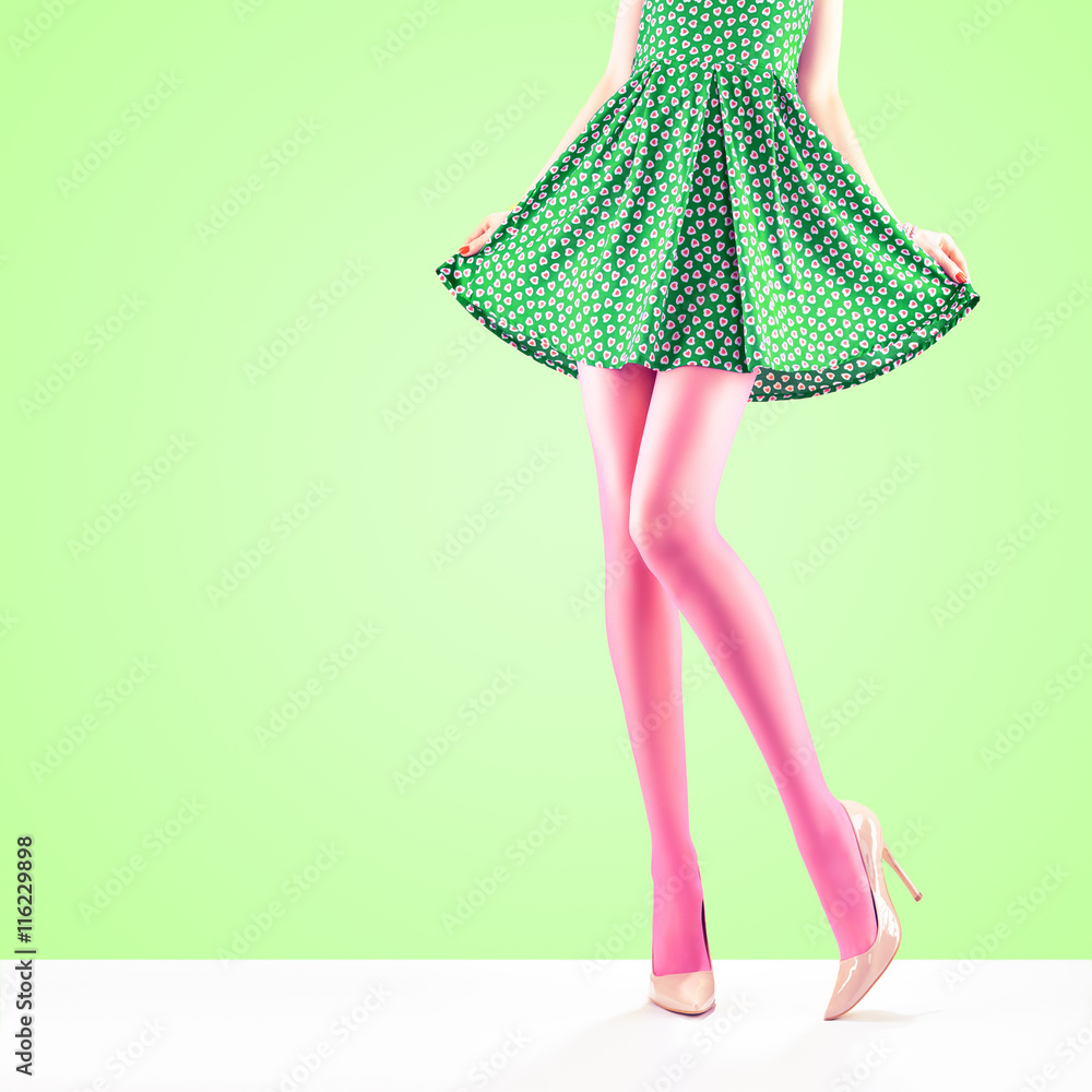 Fashion. Female dress. Long Legs, fashion outfit, Trendy high Heels
