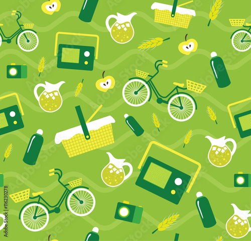 Vector creative seamless picnic pattern with elements bicycle, lemonade, picnic basket, jar