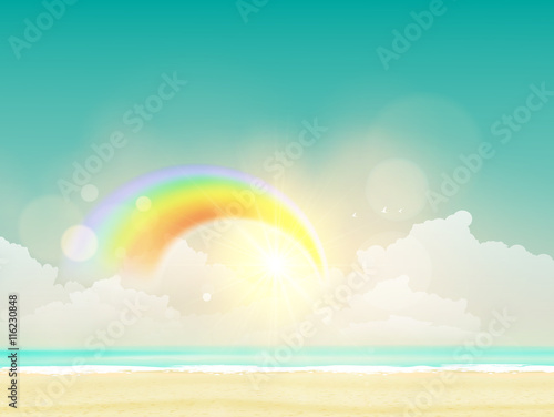 Fantasy Vector Background  Sunset on beach with rainbow.    