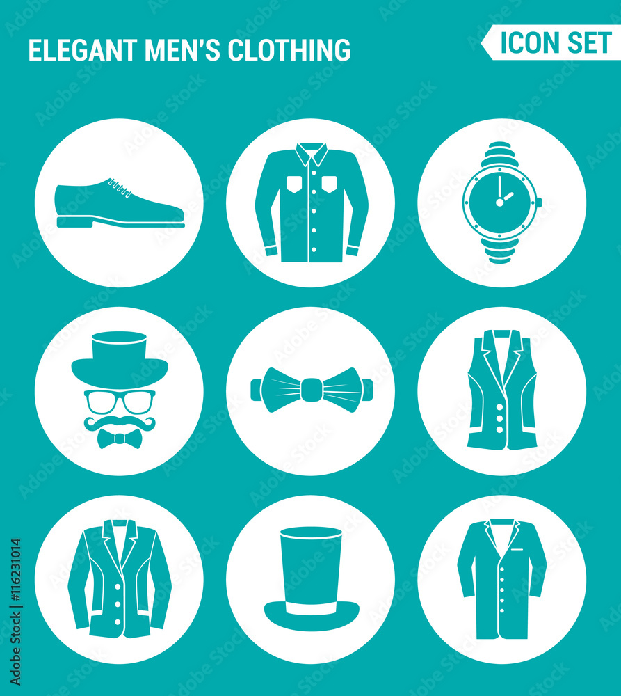 Vector set web icons. Elegant men clothing shoes, shirt, hat watches, glasses, butterfly, vest, jacket, hat, coat. Design of signs, symbols on a turquoise background Vector set web icons. Elegant men clothing shoes, shirt, hat watches, glasses, butterfly, vest, jacket, hat, coat. Design of signs, symbols on a turquoise background