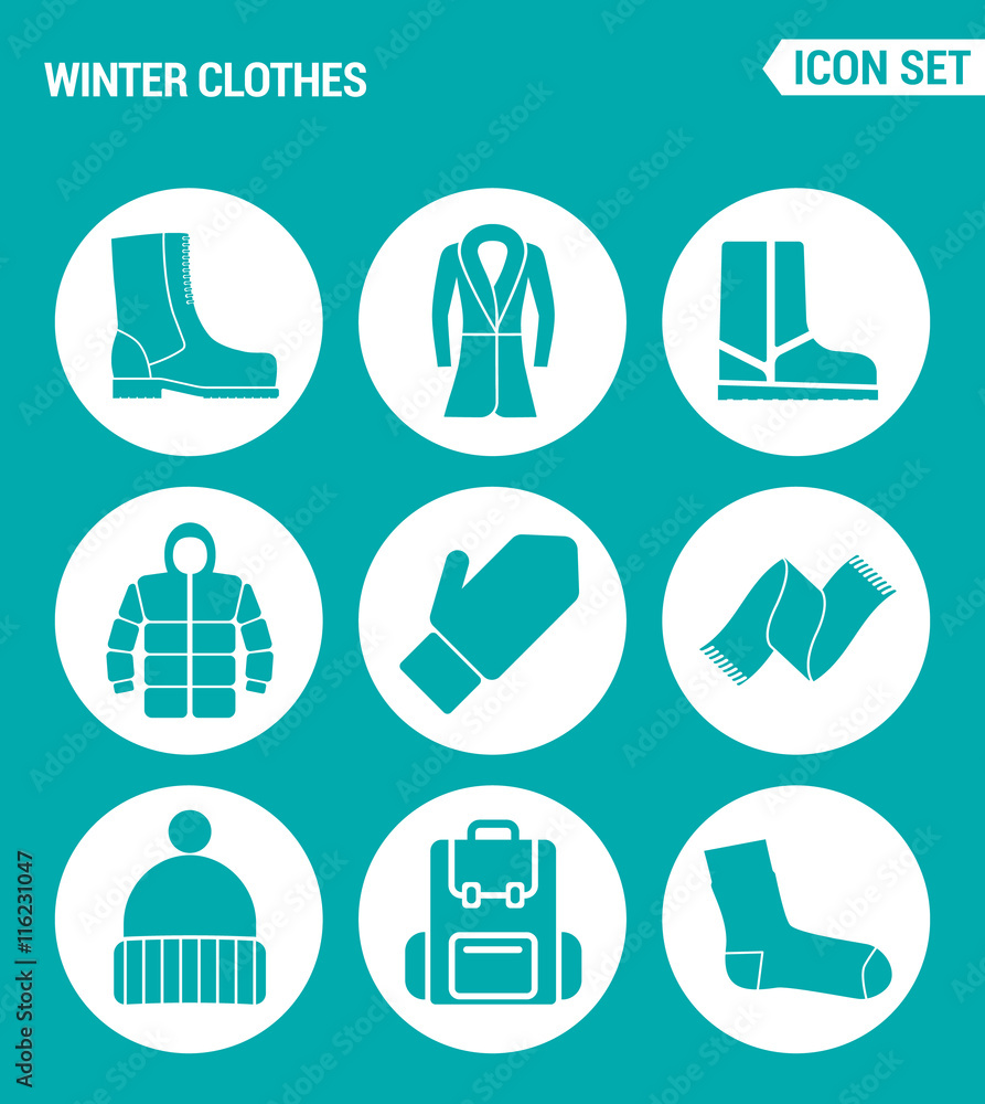 Vector set web icons. Winter clothes shoes, coats, boots, jacket, gloves, scarf, hat, bag, sock. Design of signs, symbols on a turquoise background Vector set web icons. Winter clothes shoes, coats, boots, jacket, gloves, scarf, hat, bag, sock. Design of signs, symbols on a turquoise background