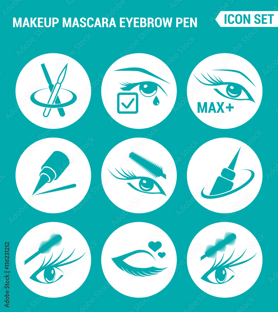 Vector set web icons. Makeup mascara eyebrow, Care for lashes, eyeliner. Design of signs, symbols on a turquoise background