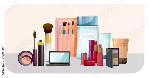 Dressing table with make-up accessories and cosmetic tubes