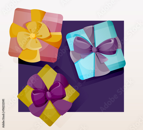 Bright gift boxes with colorful ribbons and bows