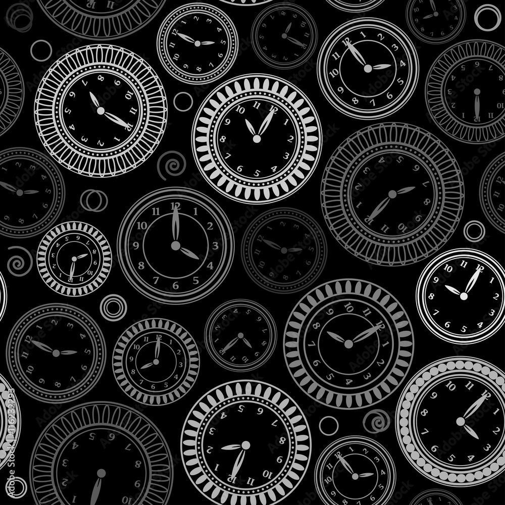 Seamless pattern with white clocks on black background Seamless pattern with white clocks on black background