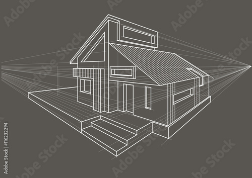 Linear architectural sketch detached house on gray background
