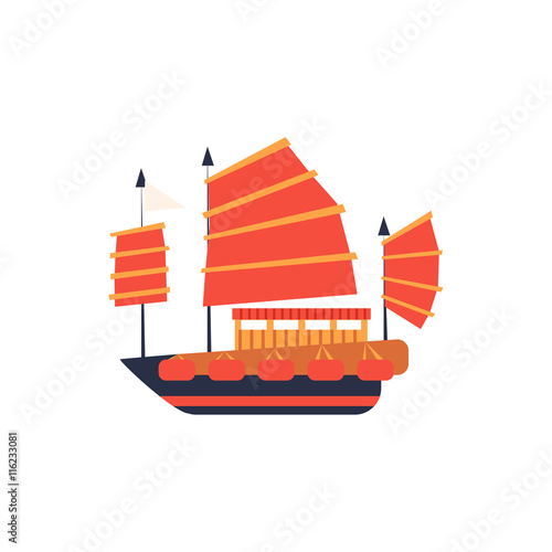Chines Junk Boat With Red Sail Simplified Icon