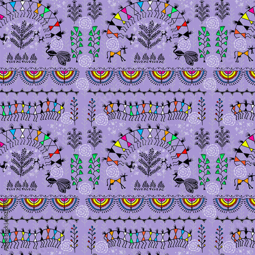Warli painting seamless pattern - hand drawn traditional the ancient tribal art India. Pictorial language is matched by a rudimentary technique depicting rural life of the inhabitants of India