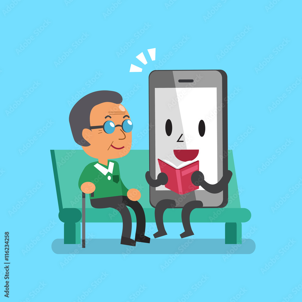 Cartoon smartphone character reading book with senior man Stock Vector