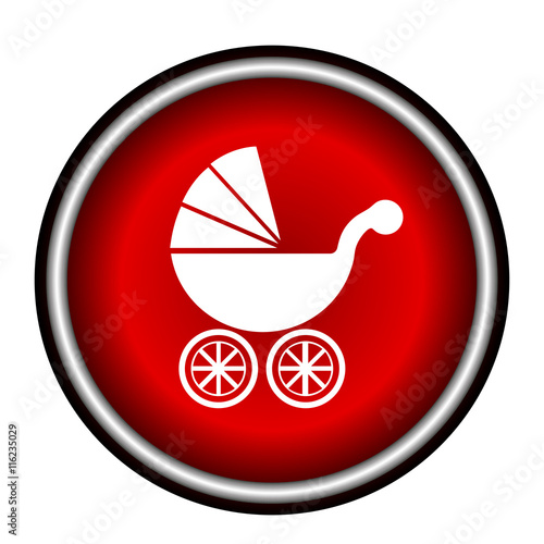 Isolated white baby carriage silhouette on red circle