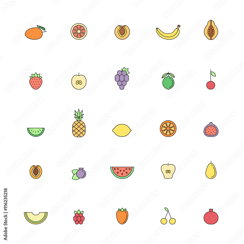 Naklejka Zestaw ikon wielobarwny owoców. Czysty i prosty projekt konspektu.