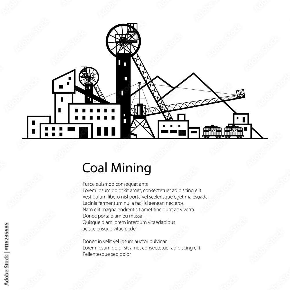 Coal Mine, Complex Industrial Facilities with Spoil Tip and with Rail Cars, Coal Industry, Poster Brochure Flyer Design, Vector Illustration