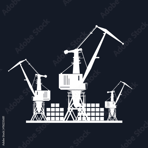 Cargo Cranes and Containers at the Port Isolated on Black Background, Containers and Cranes at the Dock, International Freight Transportation, Vector Illustration