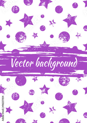 Vector watercolor drawn background with violet geometrical figures, stars, circles, vertical stripes and brush stroke. Creative artistic template for greeting card, layout, cover.