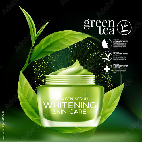 Green tea Serum and Background Concept Skin Care Cosmetic.