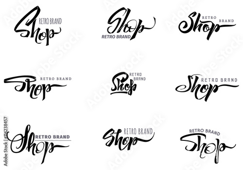 Shop word for signage, stickers, badges, has written calligraphic tools and modified to simple forms