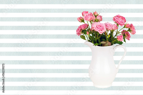 Pink flowers in white jug on watercolor blue stripes background. Roses in jug on LightCyan watercolor striped background. Background with flowers. Background with pink roses.