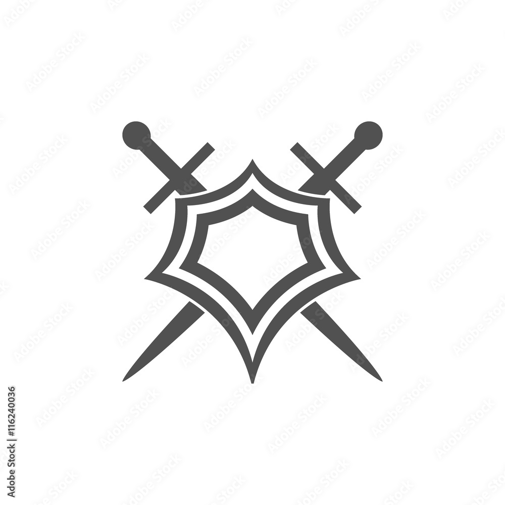 Shield and sword icon,shield and sword silhouette on a white background Shield and sword icon,shield and sword silhouette on a white background