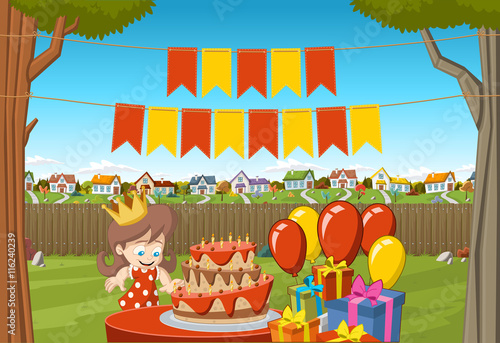 Banners over cartoon girl at a birthday party in the backyard of a colorful house. Suburb neighborhood garden with grass, trees, flowers and houses.

