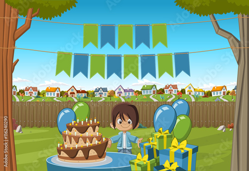 Banners over cartoon girl at a birthday party in the backyard of a colorful house. Suburb neighborhood garden with grass, trees, flowers and houses.
