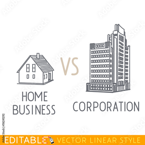 Home business vs Corporation. Buildings of small company and big corporation. Sketch line flat design of commerce architecture. Modern vector illustration concept.