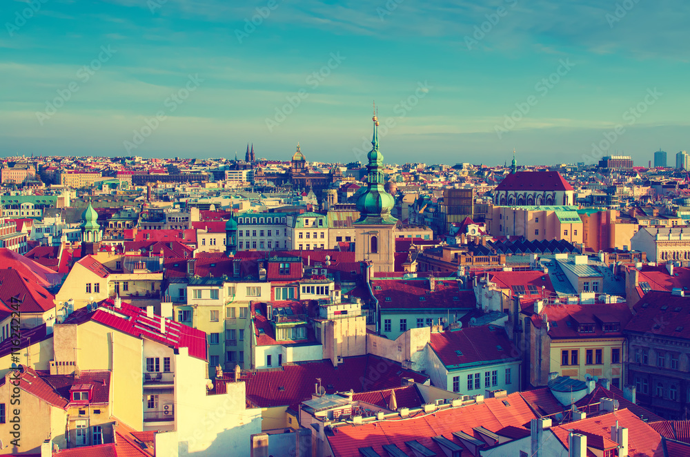 Red Prague roofs - view from the City Hall, travel european vintage hipster background
