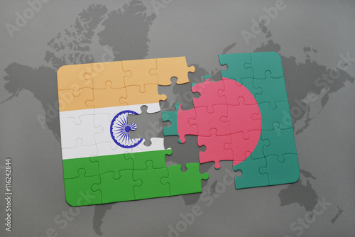 puzzle with the national flag of india and bangladesh on a world map background.