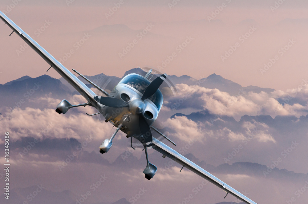 Privat light airplane or aircraft fly on mountain background. VIP travel concept - obrazy, fototapety, plakaty 