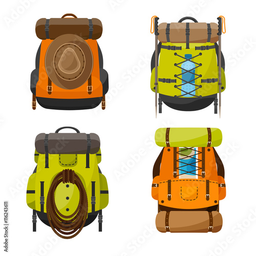 Backpack in a flat stzle. Vector illustration. School bag.Travel, camping or hiking. Tourism. Luggage.