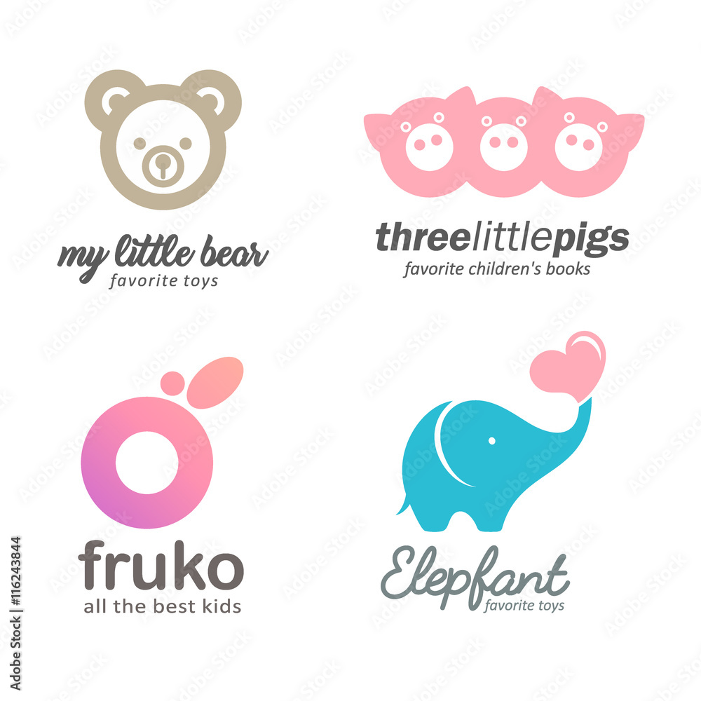Set of logo baby goods, children's books, toys. Kids club Set of logo baby goods, children's books, toys. Kids club