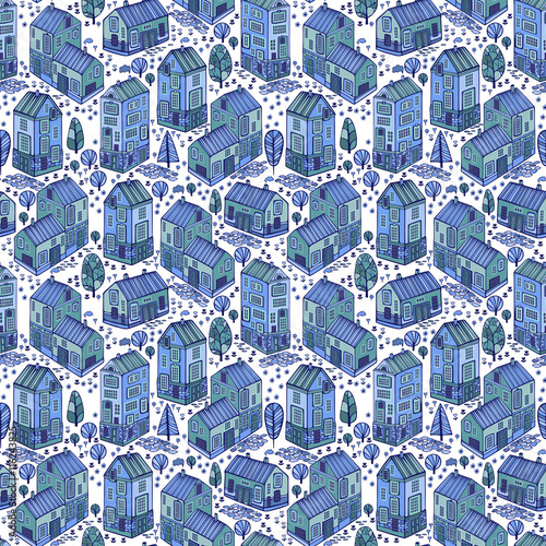 Cartoon Houses set. Colorful Vector seamless pattern.
