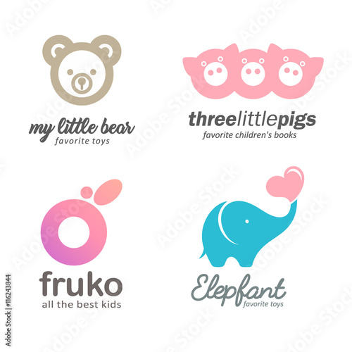 Set of logo baby goods, children's books, toys. Kids club