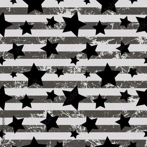 Seamless vector pattern. Creative geometric gray background with stars and stripes. Texture with attrition, cracks and ambrosia. Old style vintage design. Graphic illustration.