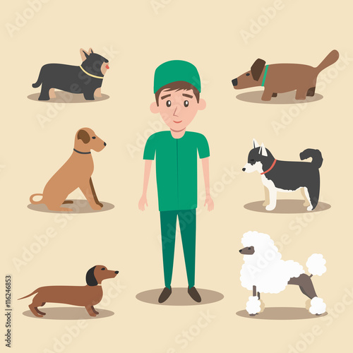 Set of dogs. Cartoon vector illustration. Vet clinic