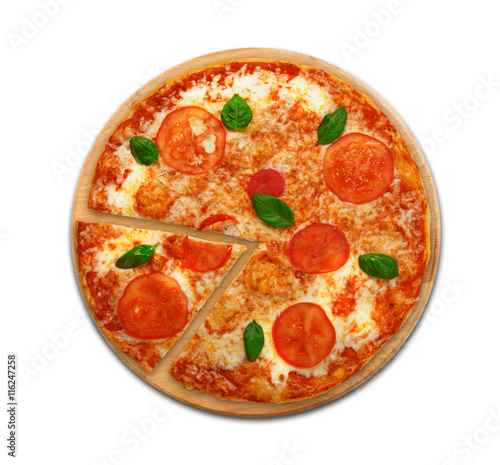 Delicious italian vegetarian pizza Margherita top view isolated