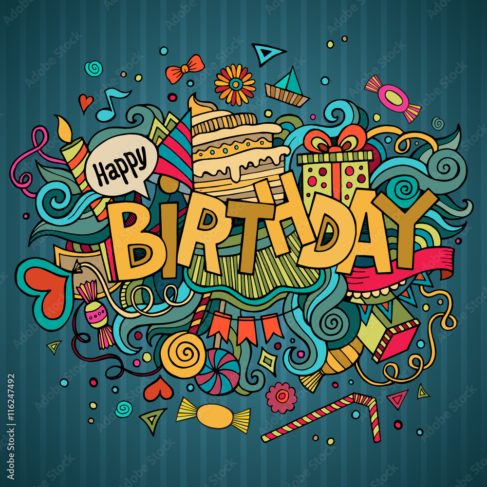 Birthday hand lettering and doodles elements background.