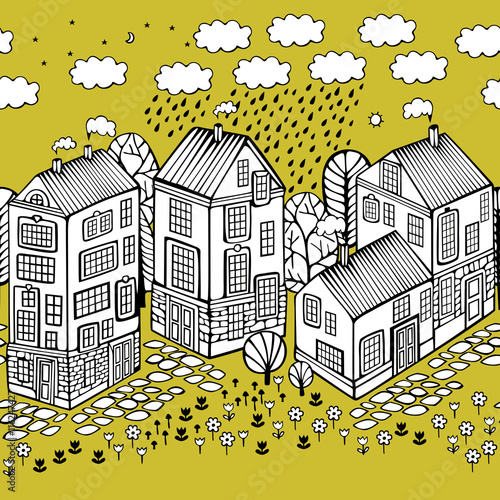 Cartoon Houses set. Monochrome Vector seamless pattern.
