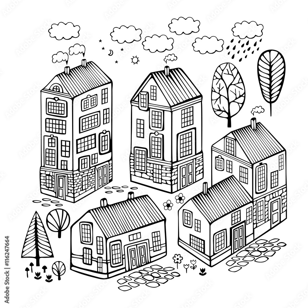 Fototapeta premium Cartoon Houses set. Monochrome Vector image. 