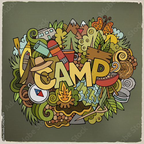 Summer camp hand lettering and doodles elements background