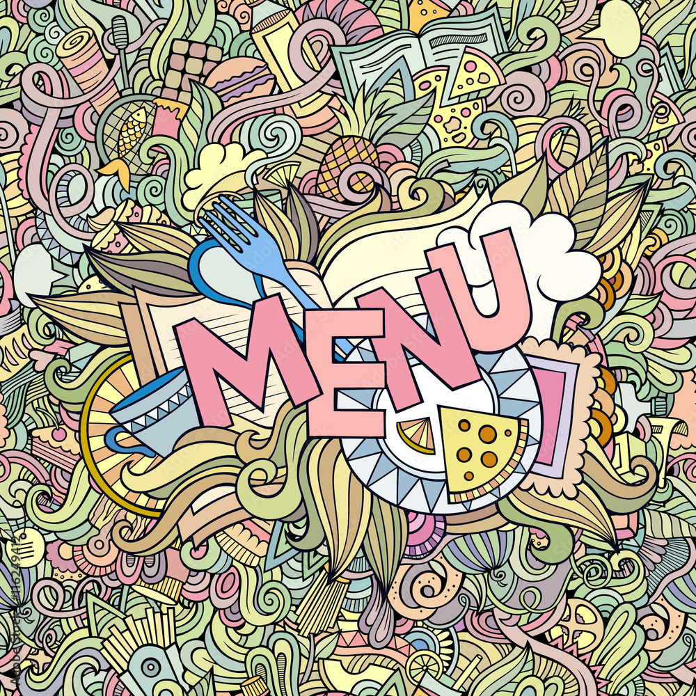 Menu cartoon hand lettering and doodles elements background