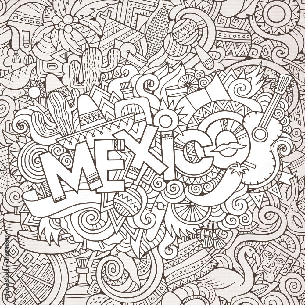 Mexico hand lettering and doodles elements background