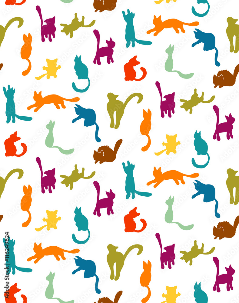 Cute seamless pattern with colorful cat silhouettes.