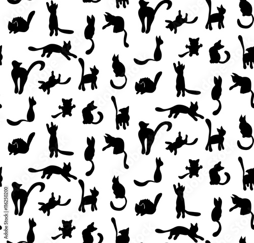 Cute black and white seamless cat pattern. 