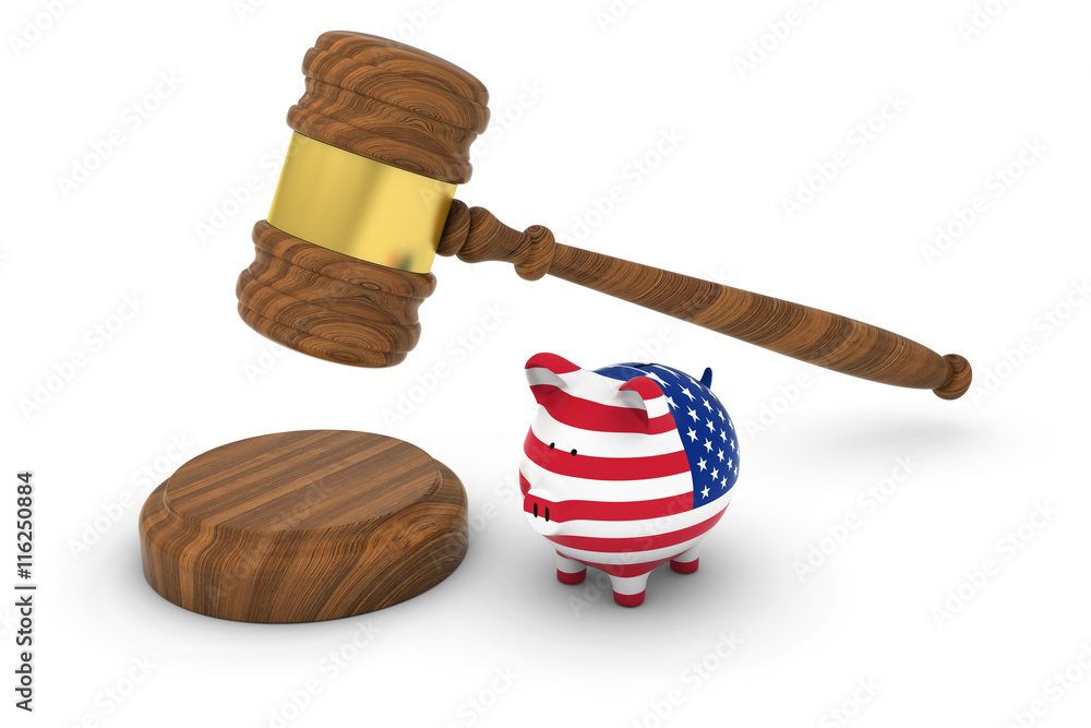 US Financial Law Concept - Judge's Gavel with American Flag Piggy Bank 3D Illustration