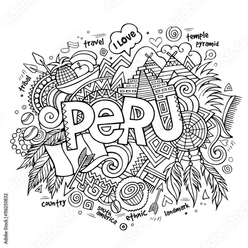 Peru hand lettering and doodles elements background