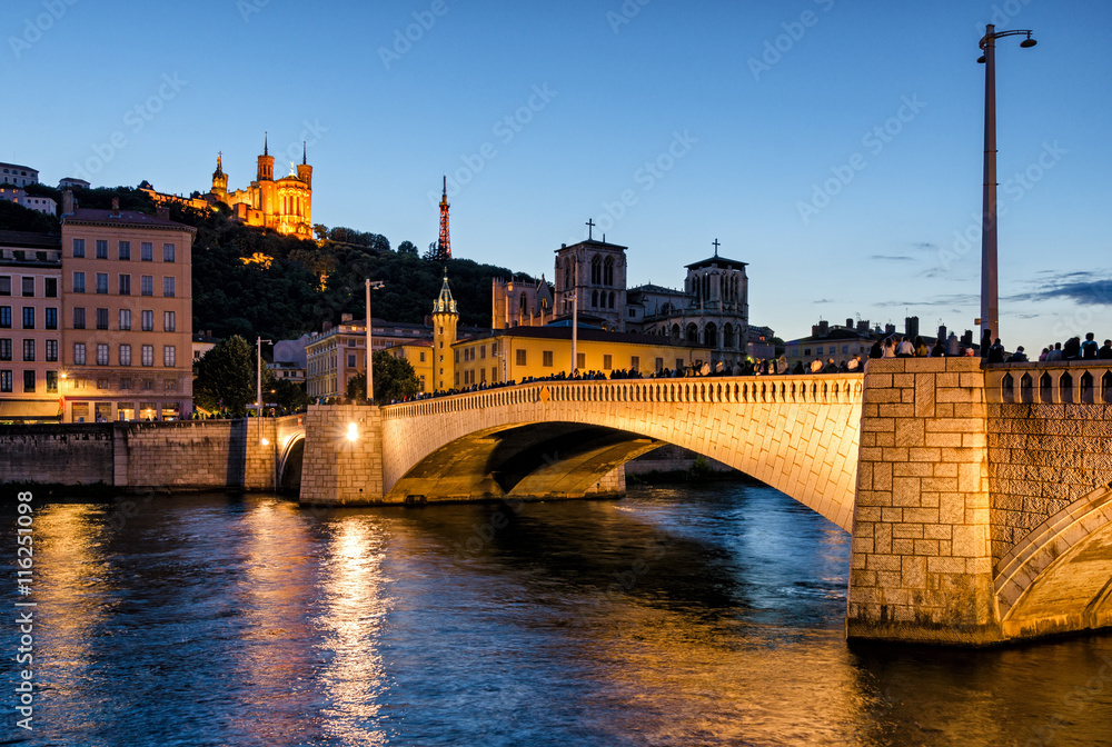 Lyon (France) Notre-Dame de Fourviere and pont bonaparte at blue hour