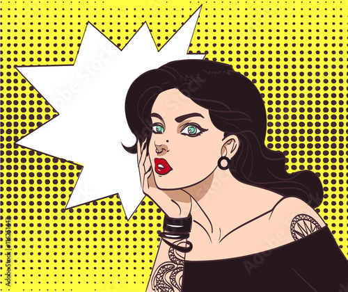 Vector beautiful gothic punk hipster girl in pop art style with tatoo and speech wow bubble. Eps 10 in many layers for your need
