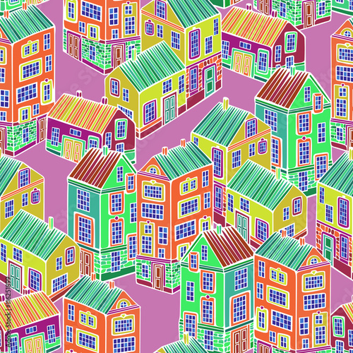 Cartoon Houses set. Colorful Vector seamless pattern. 