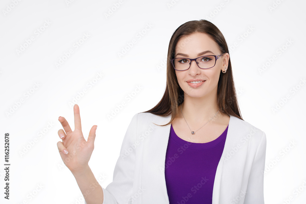 smiling woman holding virtual object in her hands smiling woman holding virtual object in her hands