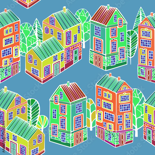 Cartoon Houses set. Colorful Vector seamless pattern.
